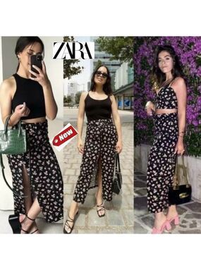 Zara black pink floral flower print high waisted belted front slit midi skirt XS